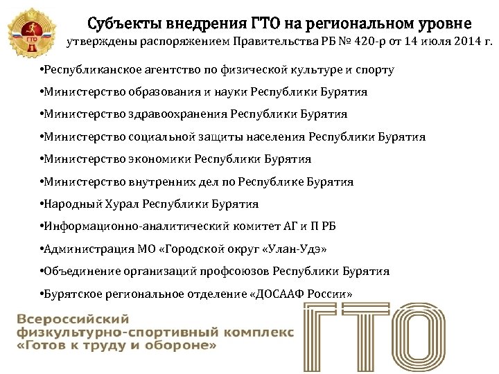 Субъекты внедрения ГТО на региональном уровне утверждены распоряжением Правительства РБ № 420 -р от