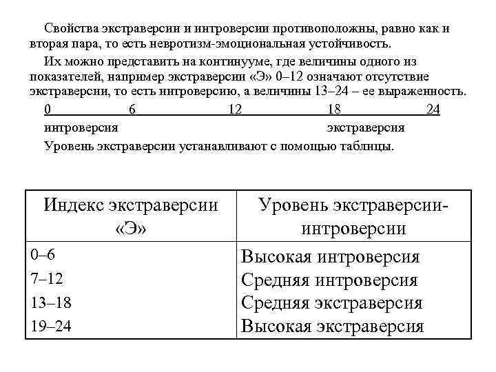 Свойства экстраверсии и интроверсии противоположны, равно как и вторая пара, то есть невротизм-эмоциональная устойчивость.