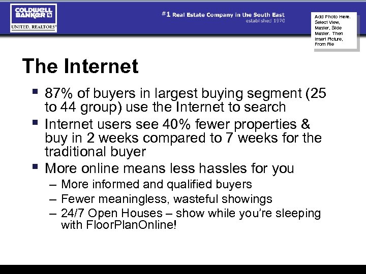 Add Photo Here. Select View, Master, Slide Master. Then Insert Picture, From File The