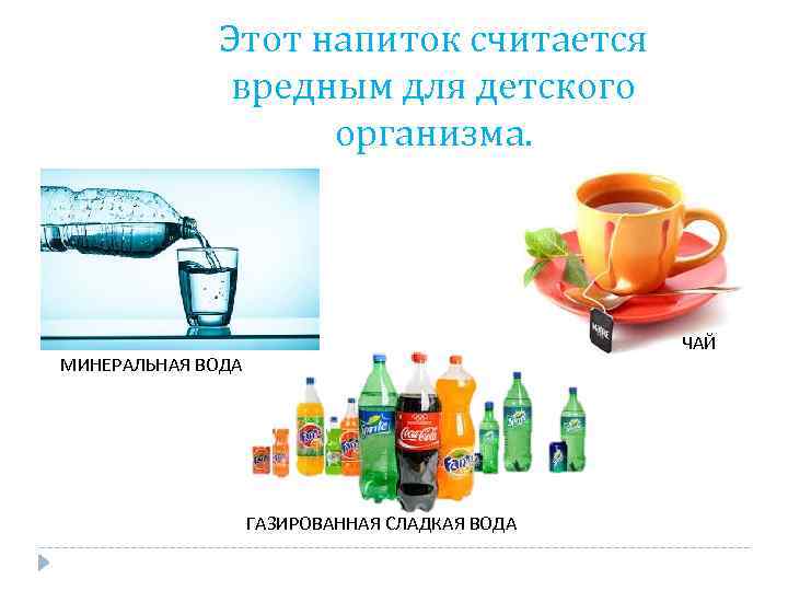 Этот напиток считается вредным для детского организма. ЧАЙ МИНЕРАЛЬНАЯ ВОДА ГАЗИРОВАННАЯ СЛАДКАЯ ВОДА 