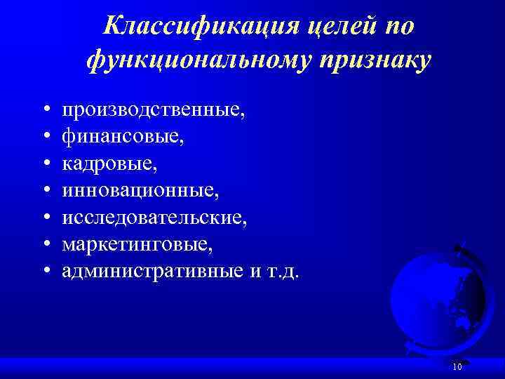 Классификация целей по функциональному признаку • • производственные, финансовые, кадровые, инновационные, исследовательские, маркетинговые, административные