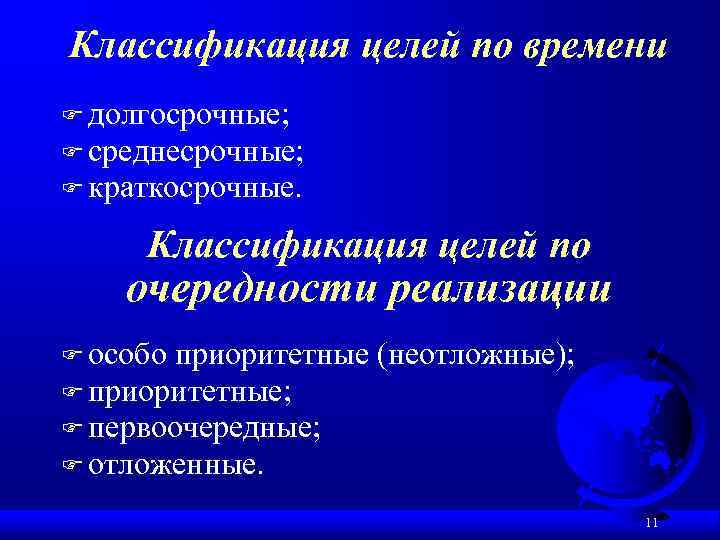 Классификация целей по времени F долгосрочные; F среднесрочные; F краткосрочные. Классификация целей по очередности