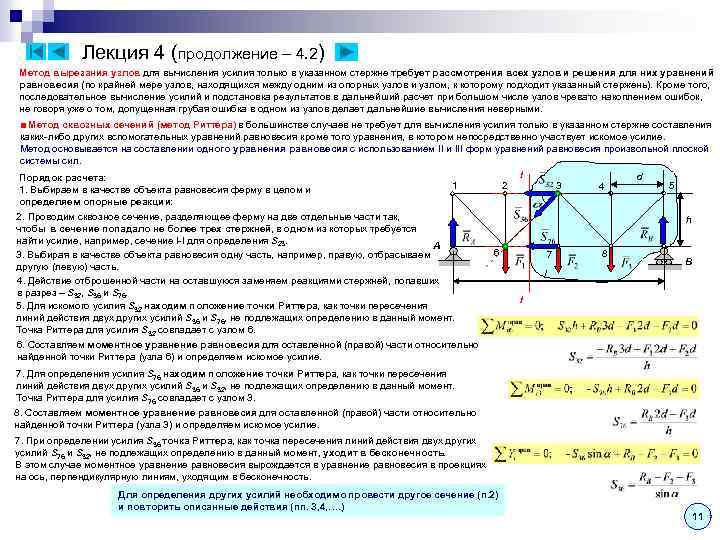 Лекция 4 (продолжение – 4. 2) Метод вырезания узлов для вычисления усилия только в