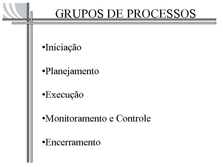 GRUPOS DE PROCESSOS • Iniciação • Planejamento • Execução • Monitoramento e Controle •