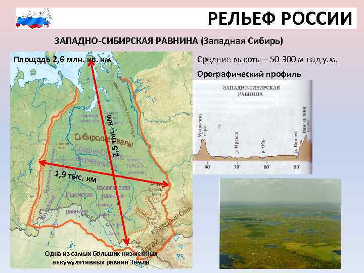 РЕЛЬЕФ РОССИИ ЗАПАДНО-СИБИРСКАЯ РАВНИНА (Западная Сибирь) Площадь 2, 6 млн. кв. км Средние высоты