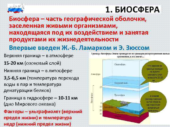 1. БИОСФЕРА Биосфера – часть географической оболочки, заселенная живыми организмами, находящаяся под их воздействием