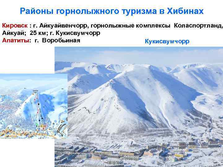 Районы горнолыжного туризма в Хибинах Кировск : г. Айкуайвенчорр, горнолыжные комплексы Коласпортланд, Айкуай; 25