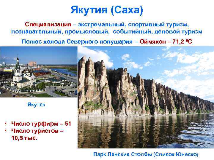 Якутия (Саха) Специализация – экстремальный, спортивный туризм, познавательный, промысловый, событийный, деловой туризм Полюс холода