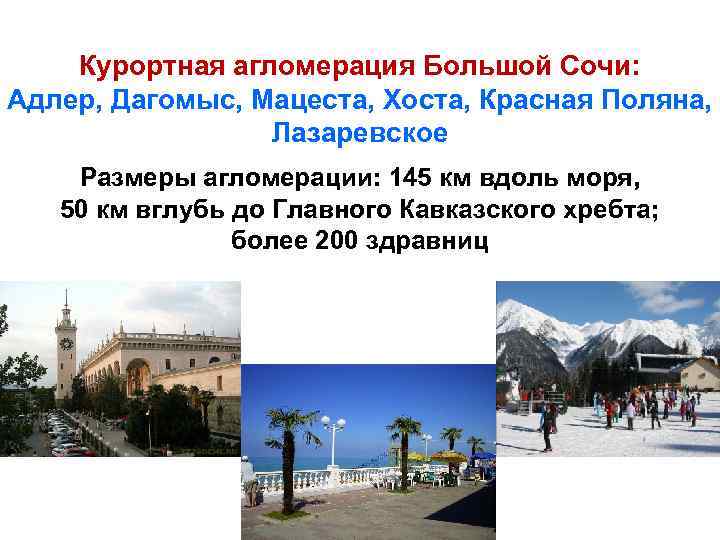 Курортная агломерация Большой Сочи: Адлер, Дагомыс, Мацеста, Хоста, Красная Поляна, Лазаревское Размеры агломерации: 145