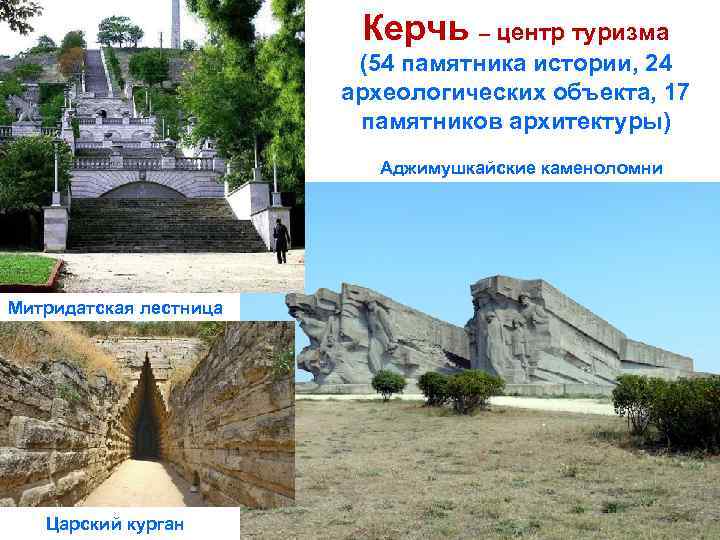 Керчь – центр туризма (54 памятника истории, 24 археологических объекта, 17 памятников архитектуры) Аджимушкайские