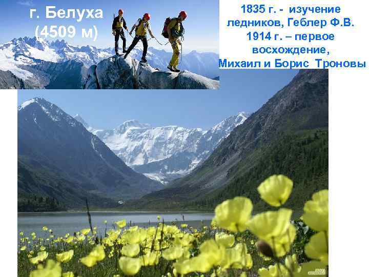 г. Белуха (4509 м) 1835 г. - изучение ледников, Геблер Ф. В. 1914 г.