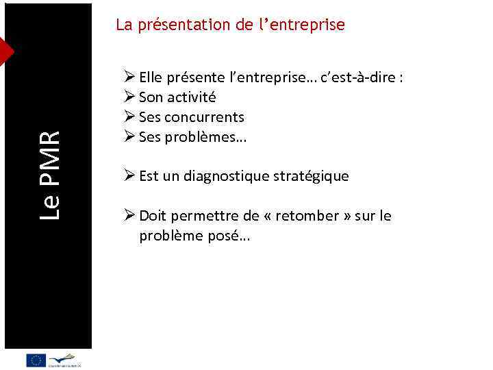 Le PMR La présentation de l’entreprise Ø Elle présente l’entreprise… c’est-à-dire : Ø Son