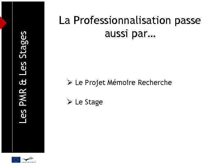 Les PMR & Les Stages La Professionnalisation passe aussi par… Ø Le Projet Mémoire