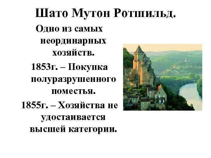 Шато Мутон Ротшильд. Одно из самых неординарных хозяйств. 1853 г. – Покупка полуразрушенного поместья.
