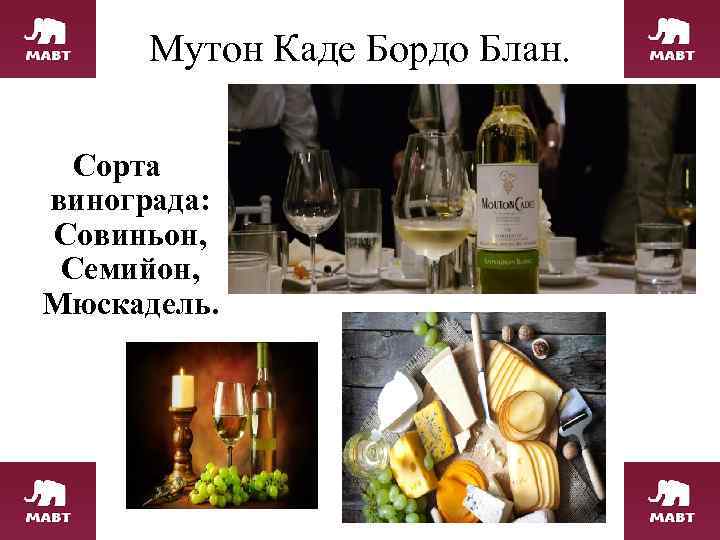 Мутон Каде Бордо Блан. Сорта винограда: Совиньон, Семийон, Мюскадель. 