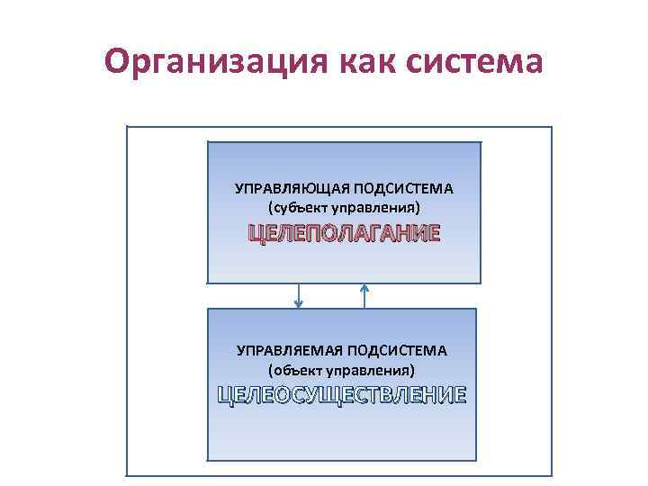 Организация как система УПРАВЛЯЮЩАЯ ПОДСИСТЕМА (субъект управления) ЦЕЛЕПОЛАГАНИЕ УПРАВЛЯЕМАЯ ПОДСИСТЕМА (объект управления) ЦЕЛЕОСУЩЕСТВЛЕНИЕ 