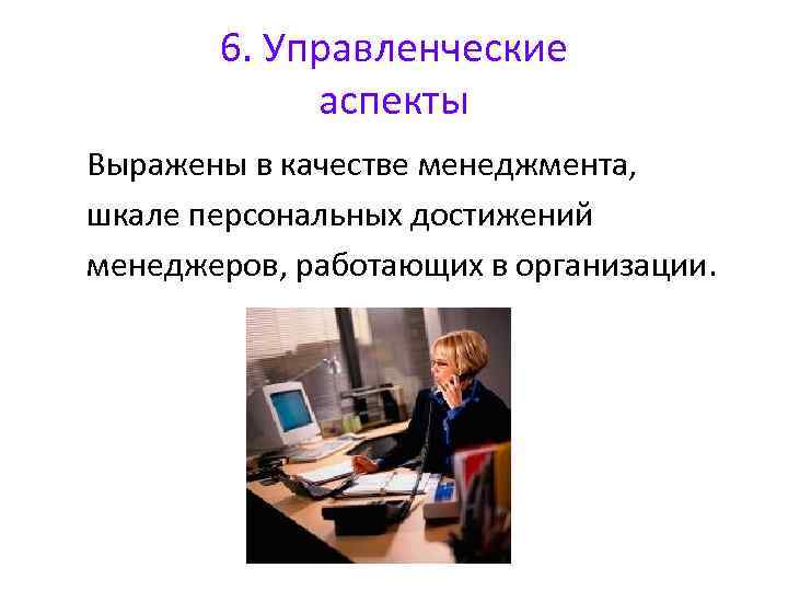 6. Управленческие аспекты Выражены в качестве менеджмента, шкале персональных достижений менеджеров, работающих в организации.