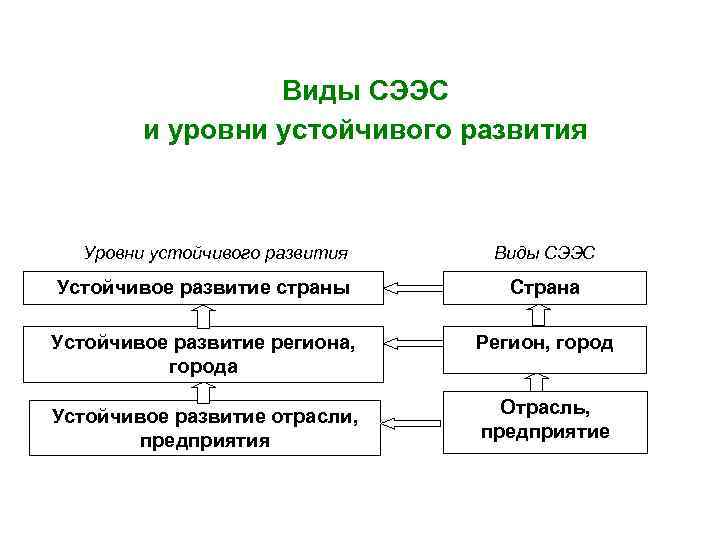 Виды СЭЭС и уровни устойчивого развития Уровни устойчивого развития Виды СЭЭС Устойчивое развитие страны