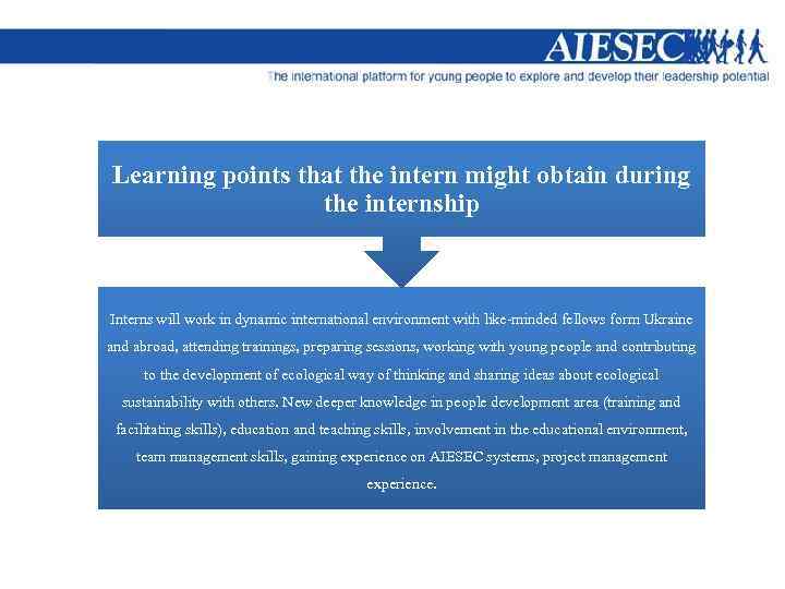 Learning points that the intern might obtain during the internship Interns will work in