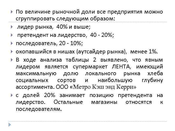  По величине рыночной доли все предприятия можно сгруппировать следующим образом: лидер рынка, 40%