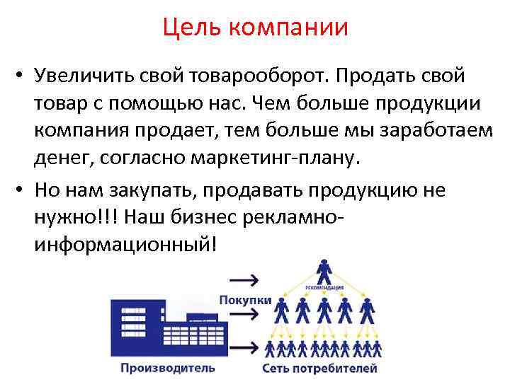 Цель компании • Увеличить свой товарооборот. Продать свой товар с помощью нас. Чем больше