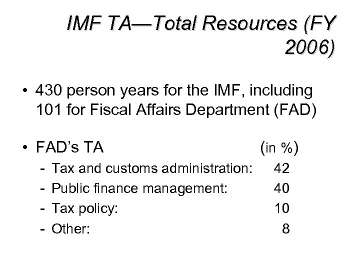 IMF TA—Total Resources (FY 2006) • 430 person years for the IMF, including 101