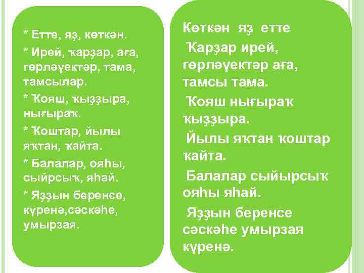 * Етте, яҙ, көткән. * Ирей, ҡарҙар, аға, гөрләүектәр, тама, тамсылар. * Ҡояш, ҡыҙҙыра,