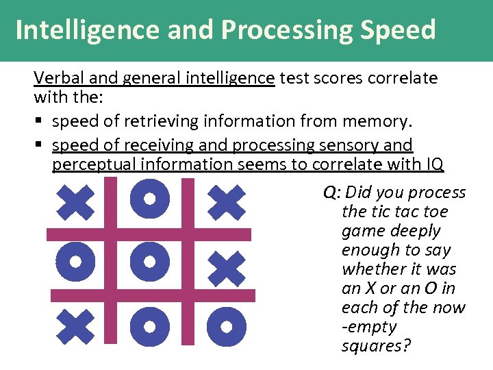 Intelligence and Processing Speed Verbal and general intelligence test scores correlate with the: §