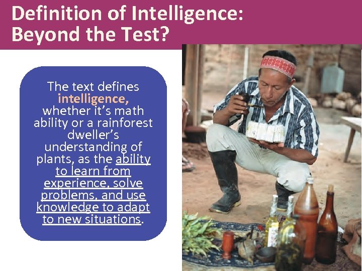 Definition of Intelligence: Beyond the Test? The text defines intelligence, whether it’s math ability