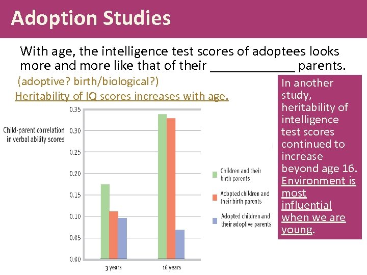 Adoption Studies With age, the intelligence test scores of adoptees looks more and more