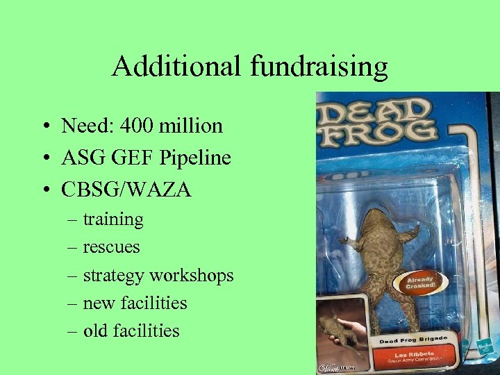 Additional fundraising • Need: 400 million • ASG GEF Pipeline • CBSG/WAZA – training