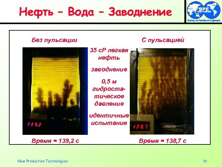 Нефть – Вода – Заводнение Без пульсации С пульсацией 35 c. P легкая нефть