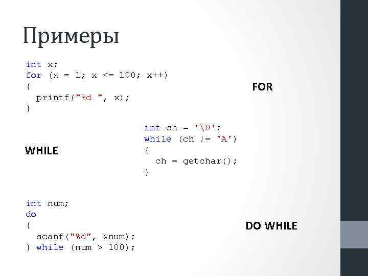 Примеры int x; for (x = 1; x <= 100; x++) { printf("%d ",