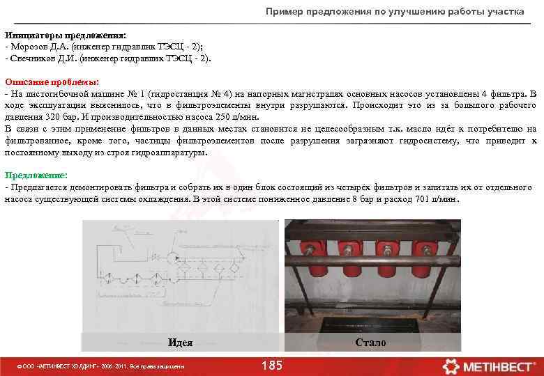 Пример предложения по улучшению работы участка Инициаторы предложения: - Морозов Д. А. (инженер гидравлик