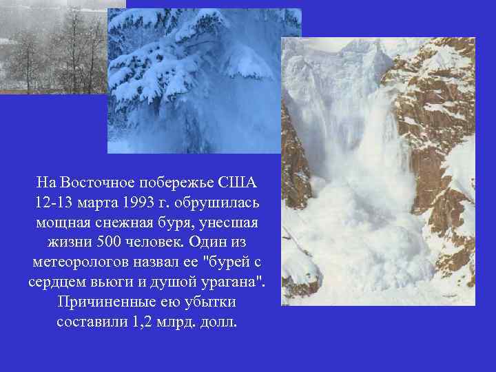 На Восточное побережье США 12 -13 марта 1993 г. обрушилась мощная снежная буря, унесшая