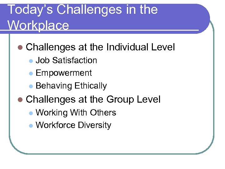 Today’s Challenges in the Workplace l Challenges at the Individual Level Job Satisfaction l