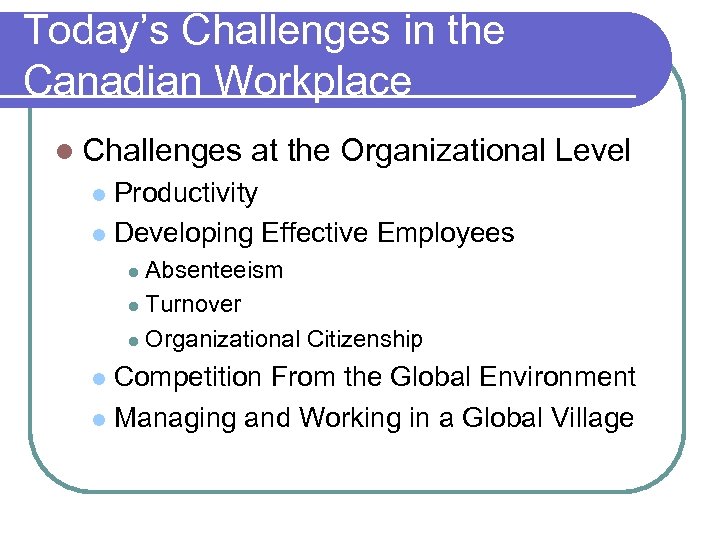 Today’s Challenges in the Canadian Workplace l Challenges at the Organizational Level Productivity l