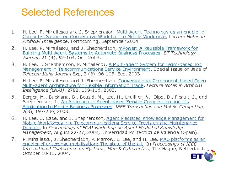 Selected References 1. H. Lee, P. Mihailescu and J. Shepherdson, Multi-Agent Technology as an