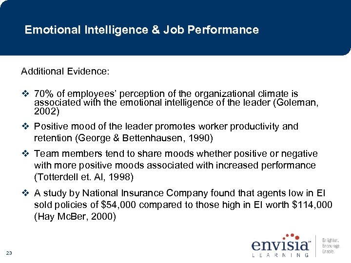 Emotional Intelligence & Job Performance Additional Evidence: v 70% of employees’ perception of the