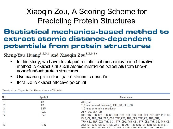 Xiaoqin Zou, A Scoring Scheme for Predicting Protein Structures • • • In this