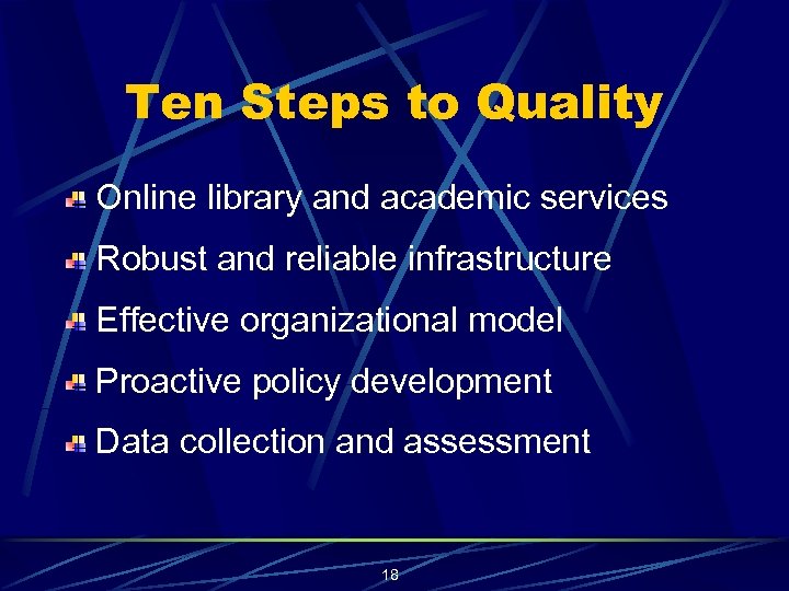 Ten Steps to Quality Online library and academic services Robust and reliable infrastructure Effective