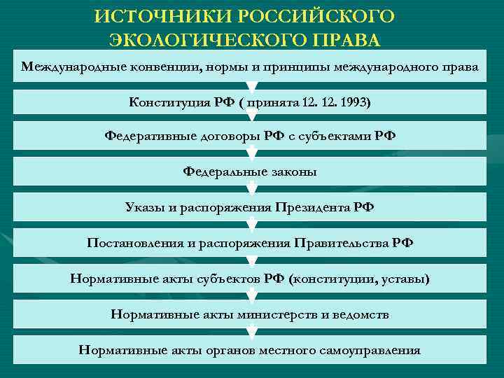ИСТОЧНИКИ РОССИЙСКОГО ЭКОЛОГИЧЕСКОГО ПРАВА Международные конвенции, нормы и принципы международного права Конституция РФ (