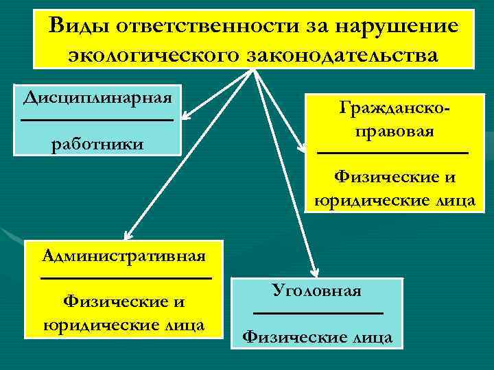 Виды ответственности за нарушение экологического законодательства Дисциплинарная работники Гражданскоправовая Физические и юридические лица Административная