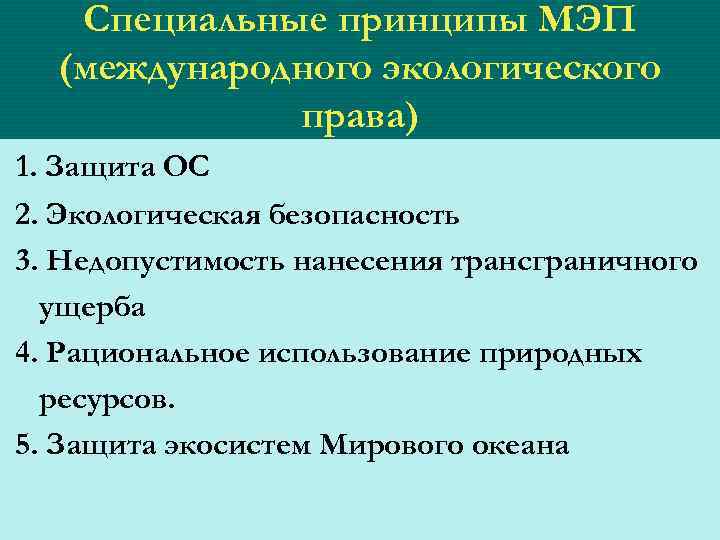Специальные принципы МЭП (международного экологического права) 1. Защита ОС 2. Экологическая безопасность 3. Недопустимость