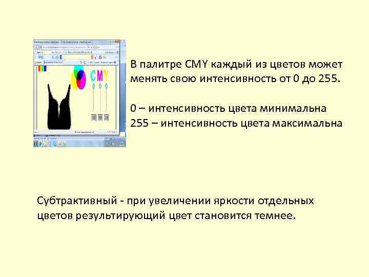 В палитре CMY каждый из цветов может менять свою интенсивность от 0 до 255.
