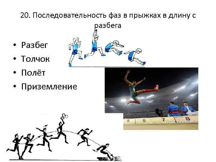 20. Последовательность фаз в прыжках в длину с разбега • • Разбег Толчок Полёт