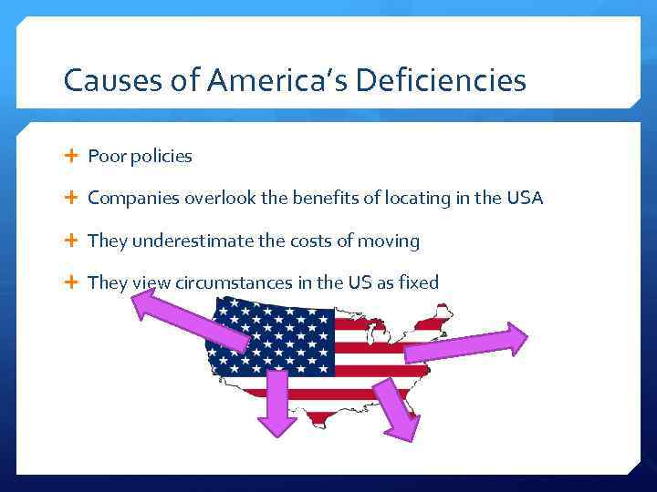 Causes of America’s Deficiencies Poor policies Companies overlook the benefits of locating in the