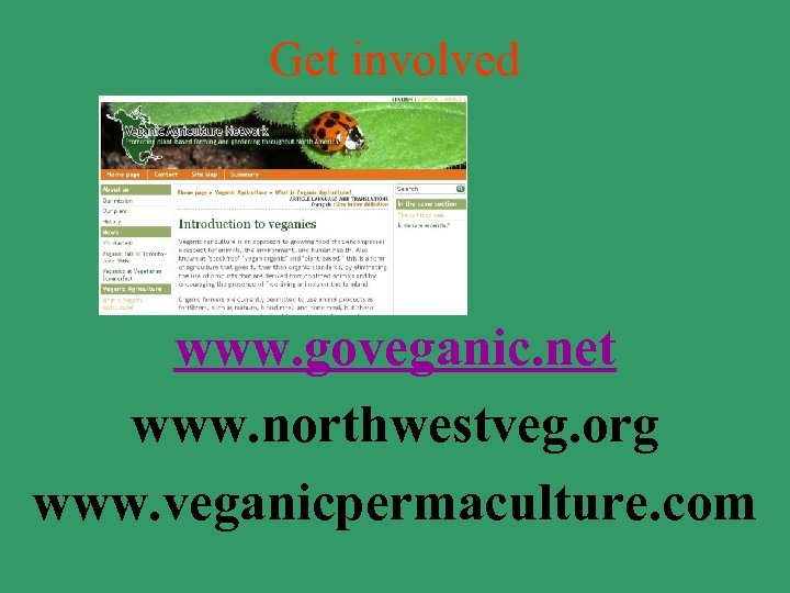 Get involved www. goveganic. net www. northwestveg. org www. veganicpermaculture. com 