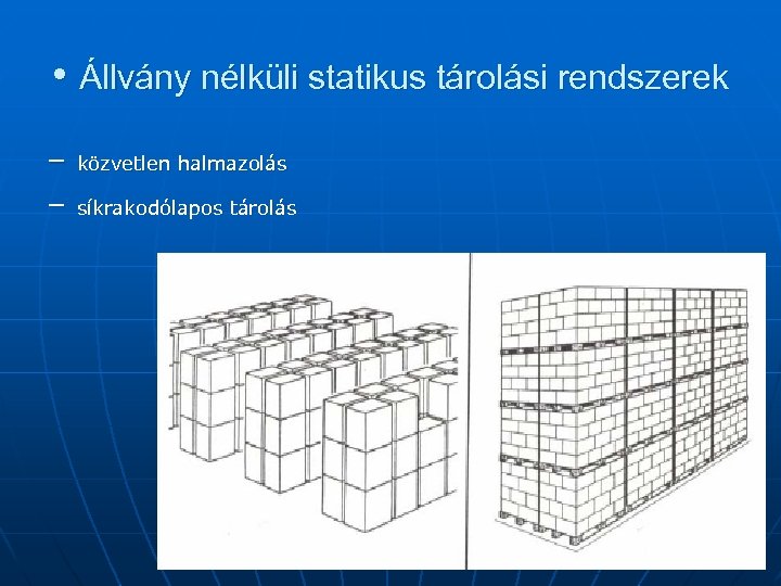  • Állvány nélküli statikus tárolási rendszerek – – közvetlen halmazolás síkrakodólapos tárolás 