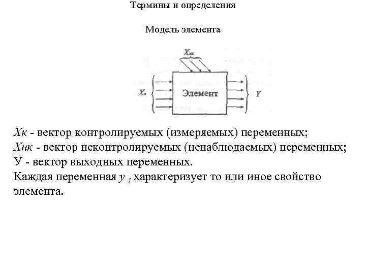 Термины и определения Модель элемента Хк вектор контролируемых (измеряемых) переменных; Хнк вектор неконтролируемых (ненаблюдаемых)